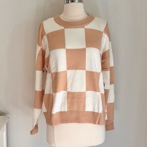 T Tahari Ivory & Nude Large Checker Pattern Pullover Sweater, Size Small NWT